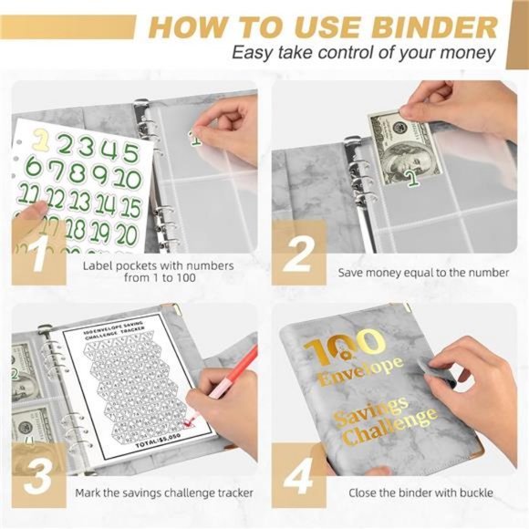 100 Envelopes Money Saving Challenge Tracker to Save $5,050, Marble Grey - Picture 4 of 7